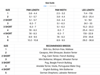 Size guide for dog shoes with measurements in centimeters and inches, and recommended breeds.