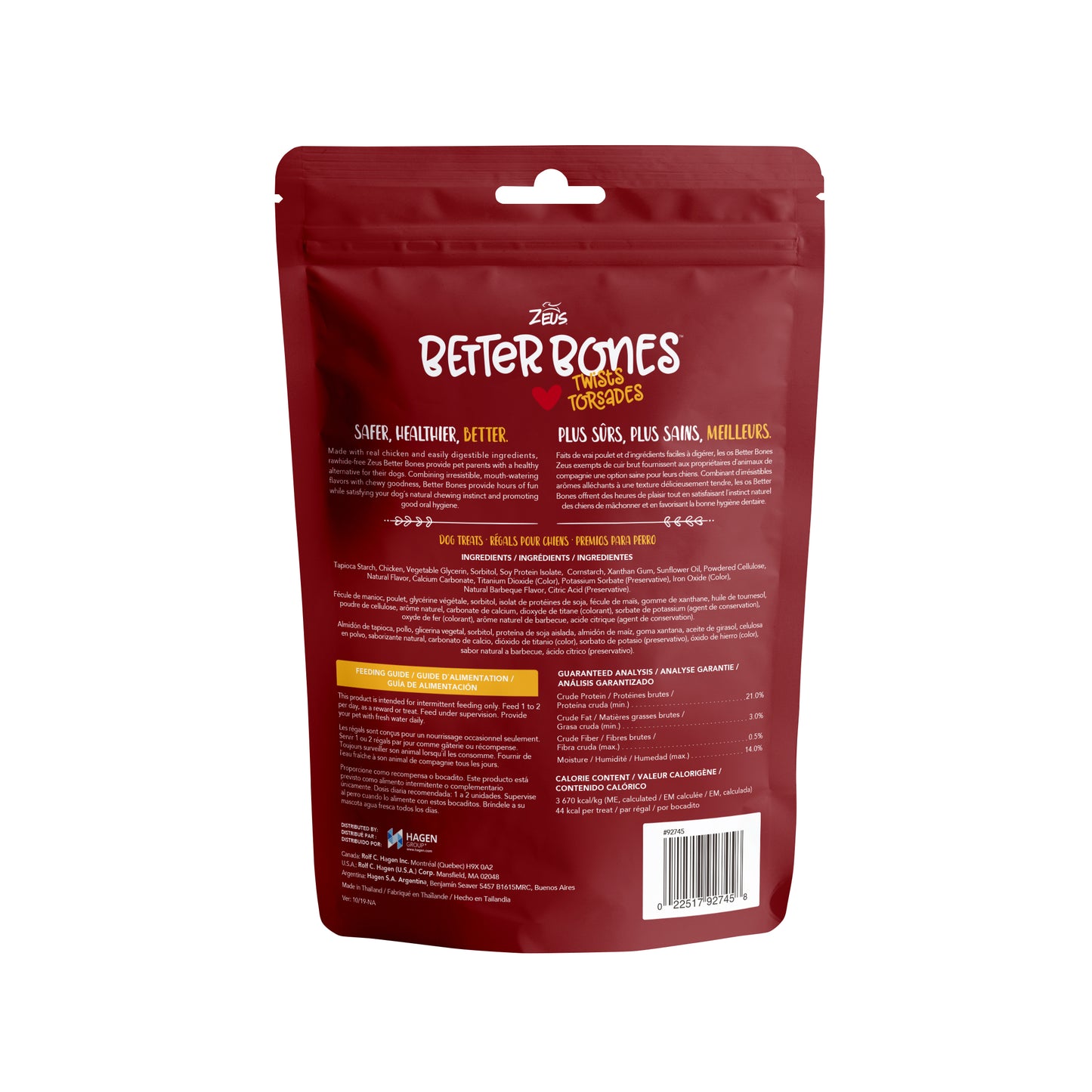 Zeus Better Bones - Saveur poulet barbecue - Torsades de poulet enrobées de pâte - Paquet de 10