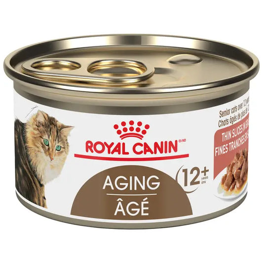 Can of Royal Canin Aging cat food on a white background