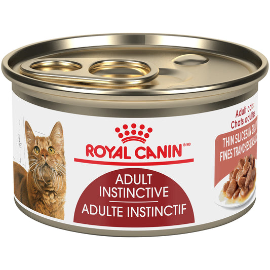 Can of Royal Canin Adult Instinctive cat food on a white background