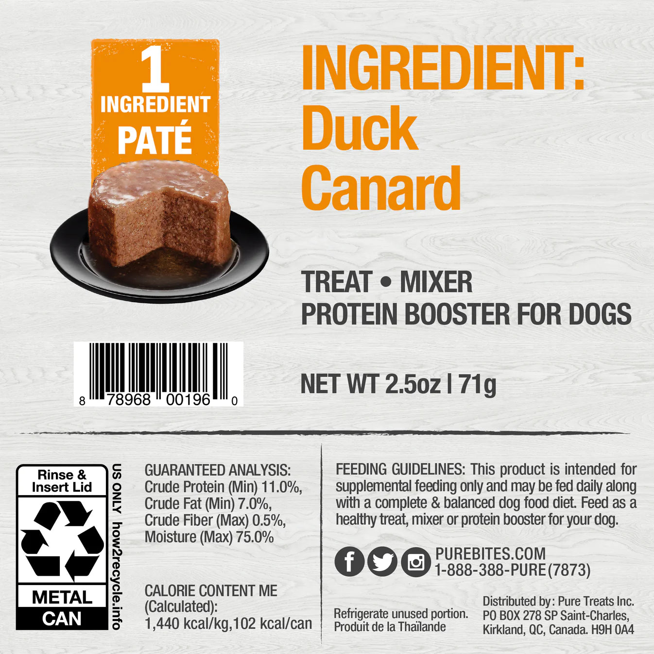 Nourriture humide pour chiens PureBites® Pates 100 % pur canard 2,5 oz 