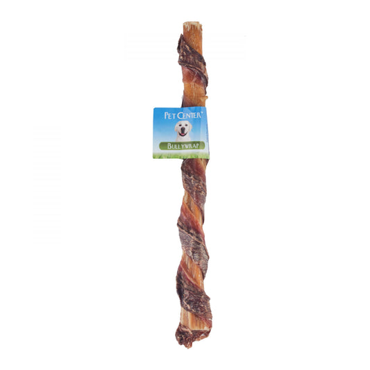 Dog chew treat with a label on a white background