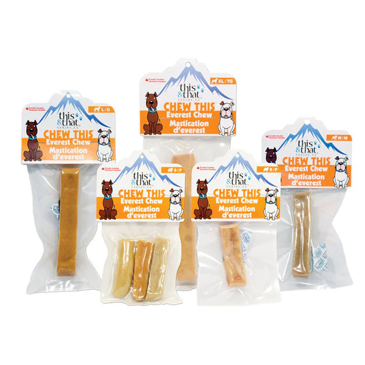 Packaged dog cheese chew sticks with 'this & that' branding on a white background