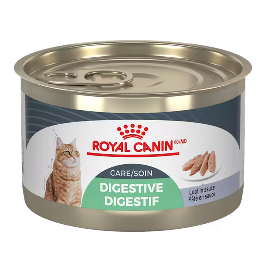 Can of Royal Canin Digestive Care cat food on a white background