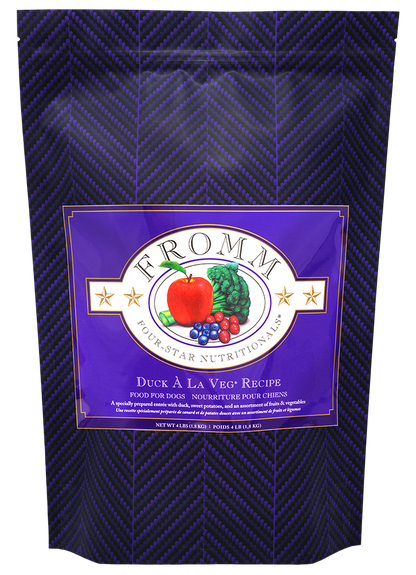 Purple pet food package with 'Fromm' branding and colorful label