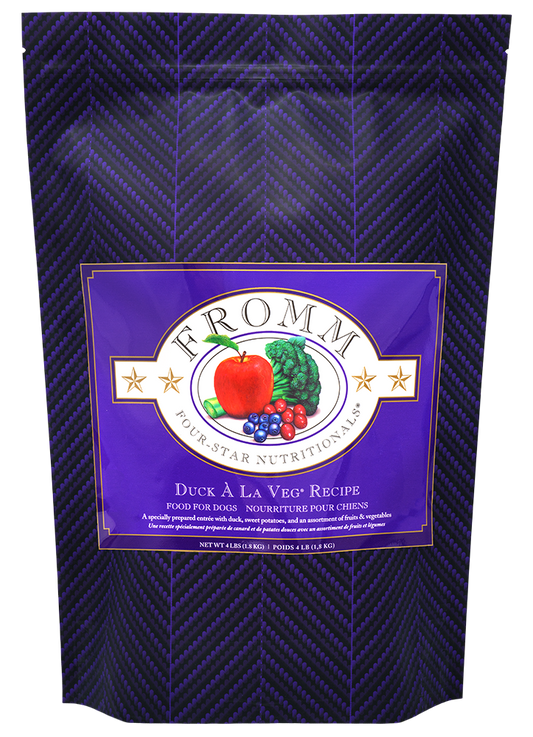 Purple pet food package with 'Fromm' branding and colorful label