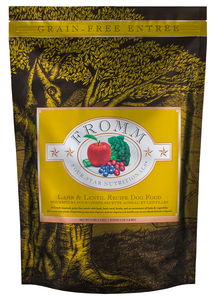 fromm grain-free entree dog food package with a tree design on the packaging.