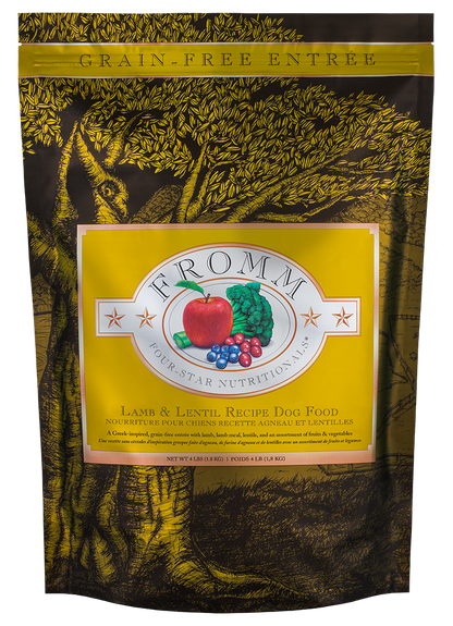 fromm grain-free entree dog food package with a tree design on the packaging.