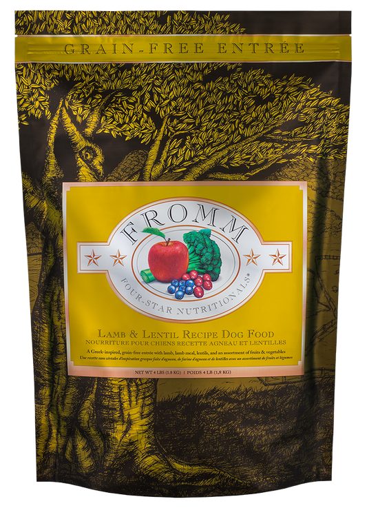 fromm grain-free entree dog food package with a tree design on the packaging.