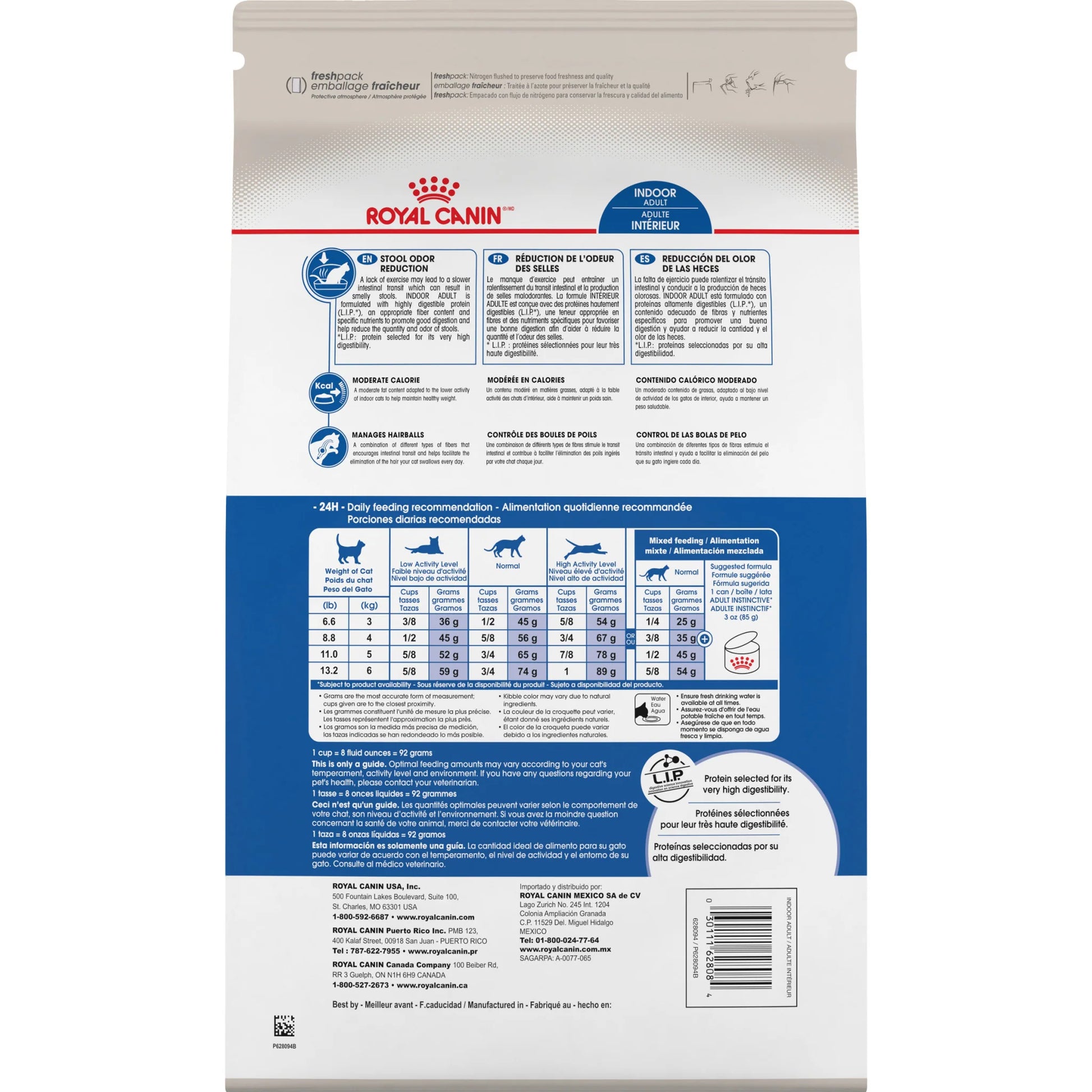 Back view of a Royal Canin pet food package with text and nutritional information.