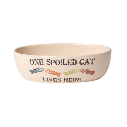 Cat bowl with 'One Spoiled Cat Lives Here' text and fish illustrations on a white background