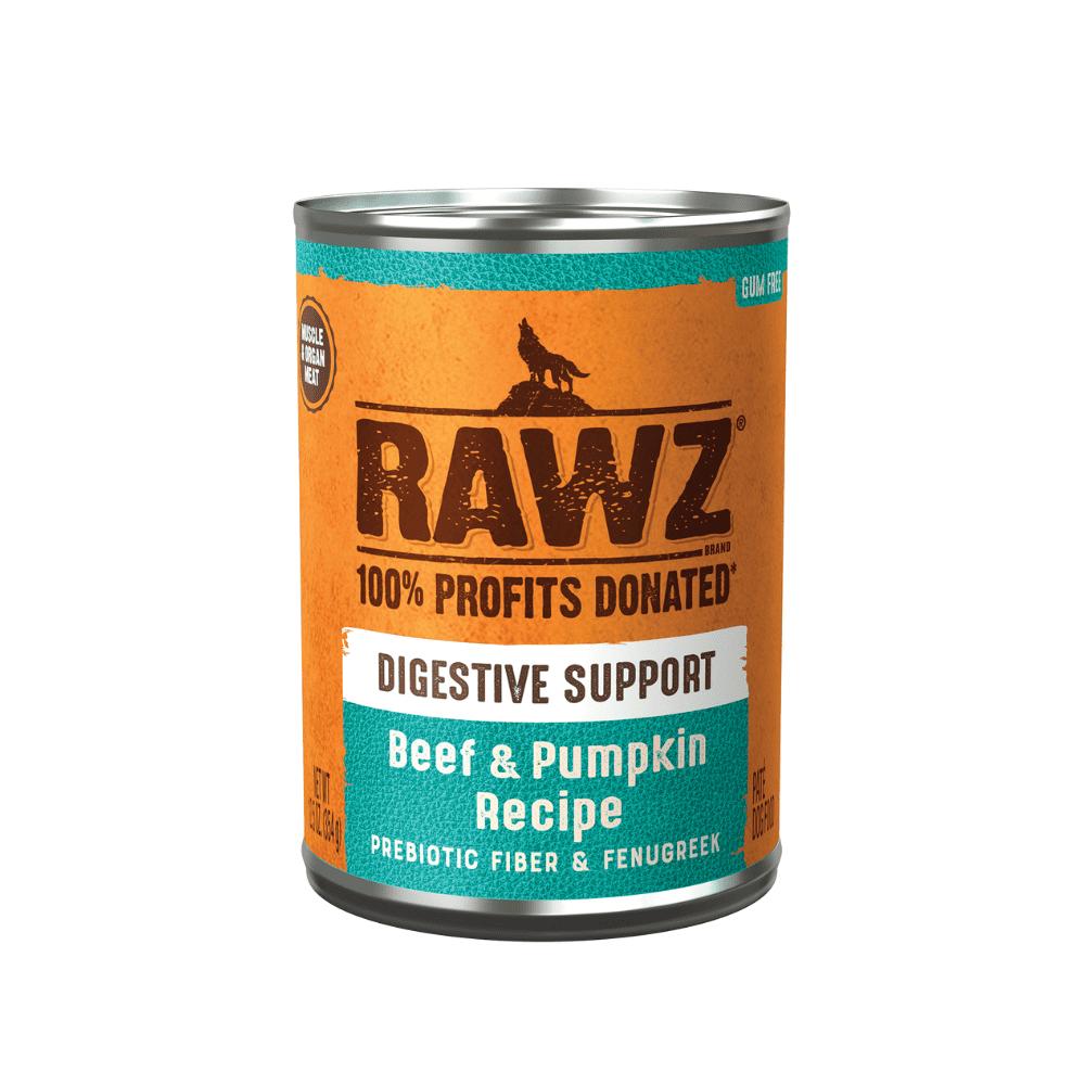 Can of Rawz dog food with beef & Pumpkin for digestive support