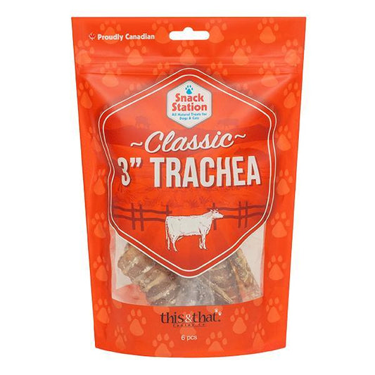 Orange package of 'Classic 3'' Trachea' dog treats with visible brand logo.