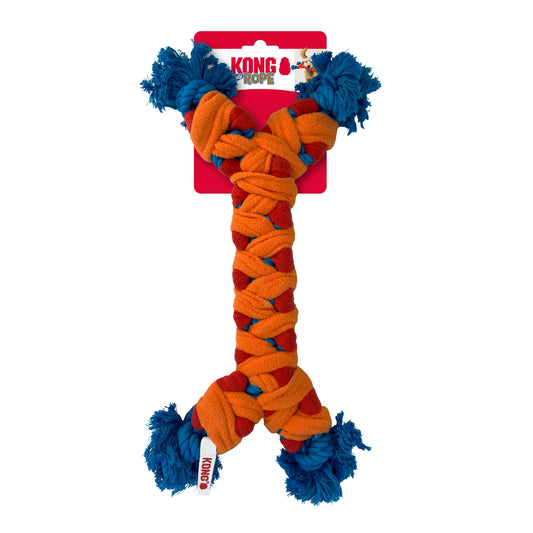 KONG rope dog toy with blue and orange braided design on a white background