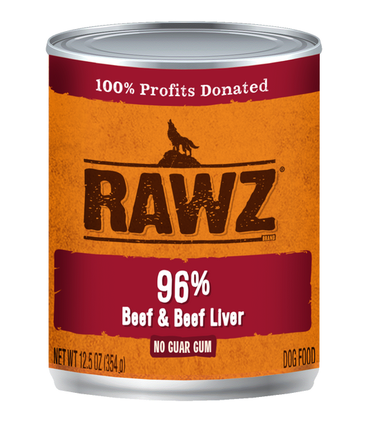 Can of RAWZ dog food with a red and orange label on a white background