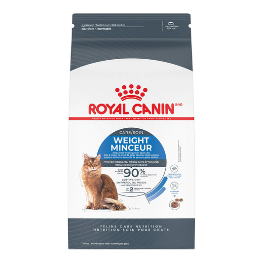 Royal Canin weight management cat food package on a white background