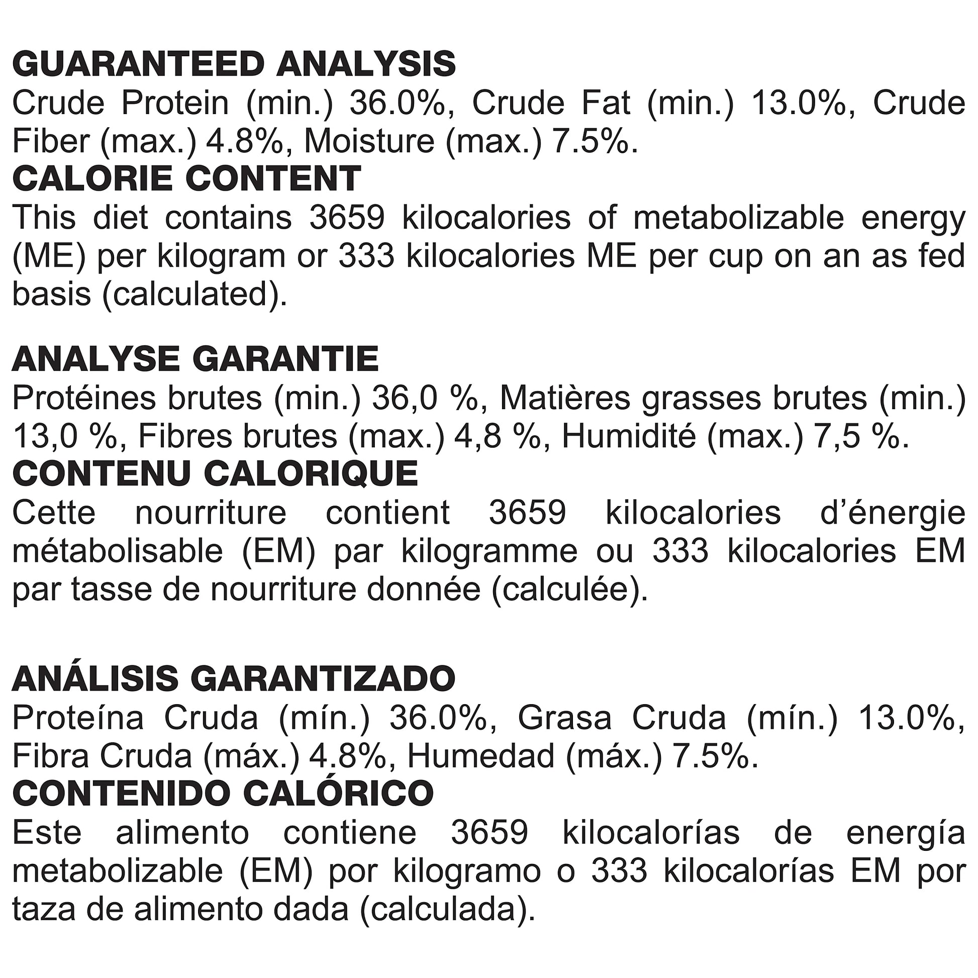 Nutritional label with guaranteed analysis and calorie content on a white background