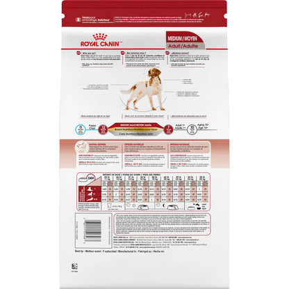 Royal Canin dog food package with text and a dog illustration on a white background