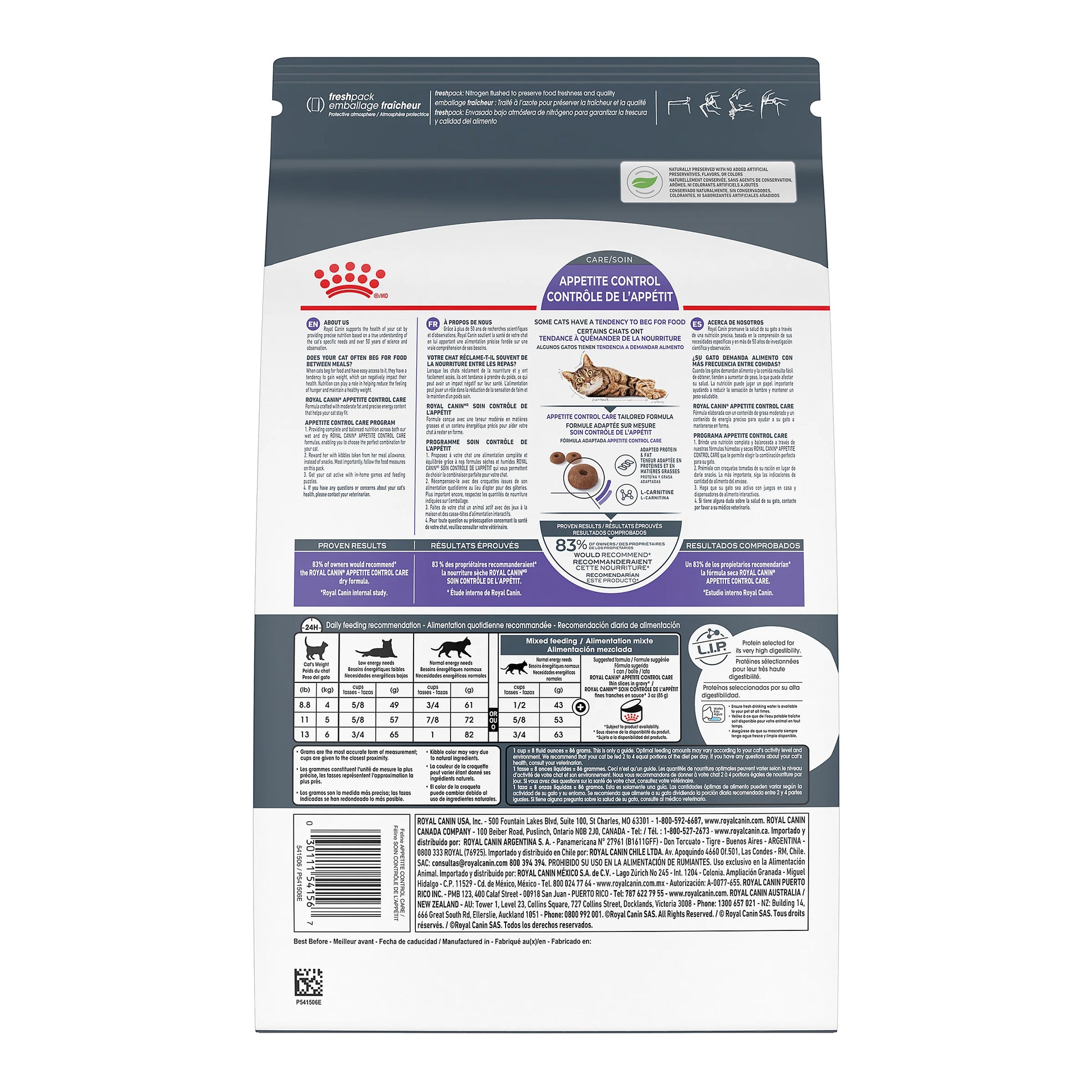 Dog food package with detailed nutritional information on a white background