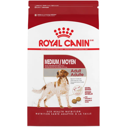Royal Canin Medium Adult dog food packaging on a white background