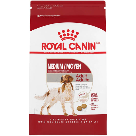 Royal Canin Medium Adult dog food packaging on a white background