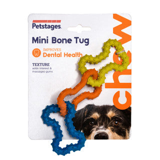 Petstages Mini Bone Tug dog toy packaging with a dog's face on a white background